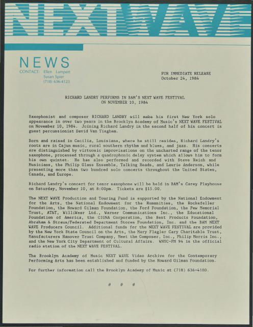 Richard Landry Performs in BAM's Next Wave Festival, 1984