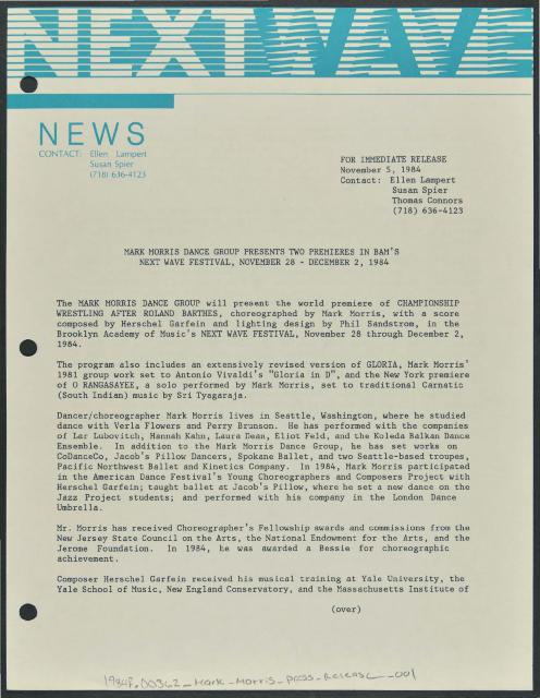 Mark Morris Dance Group Presents Two Premieres in BAM's Next Wave Festival, 1984