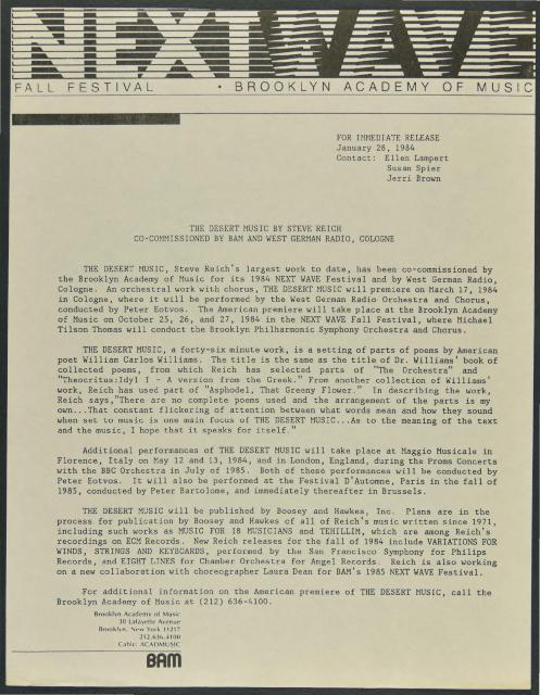 "The Desert Music" by Steve Reich Co-Commissioned by BAM and West German Radio, Cologne, 1984
