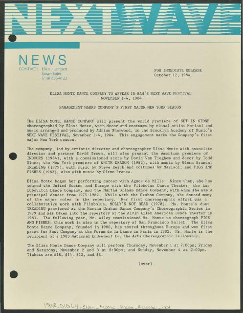 Elisa Monte Dance Company to Appear in BAM's Next Wave Festival, 1984