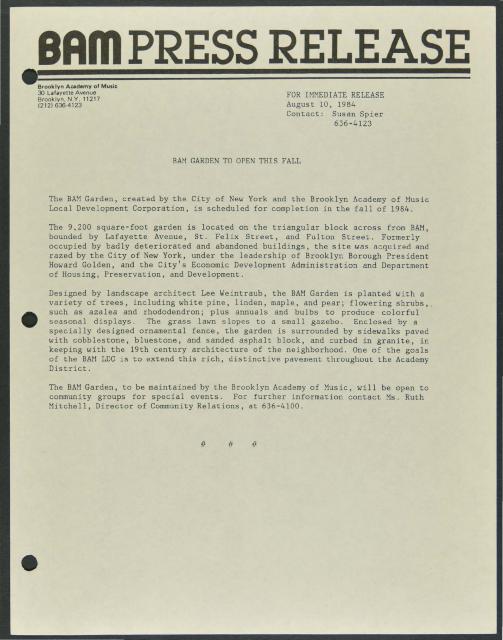 BAM Garden to open this Fall, 1984