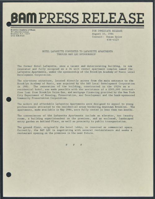 Hotel Lafayette Converted to Lafayette Apartments through BAM Local Development Corporation's Sponsorship, 1984