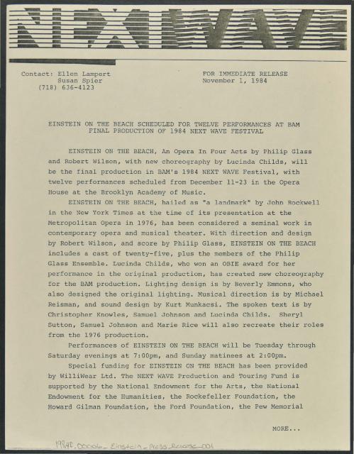 "Einstein on the Beach" Scheduled for 12 Performances at BAM, Final Production of Next Wave Festival, 1984