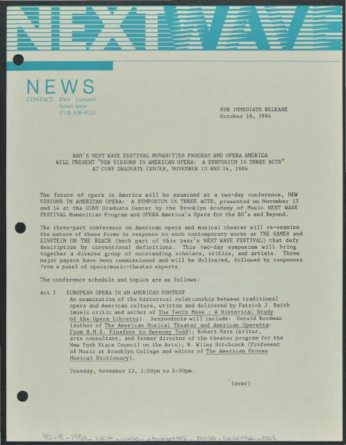 BAM's Next Wave Festival Humanities Program and Opera America will Present "New Visions in American Opera: A Symposium in Three Acts" at CUNY Graduate Center, 1984
