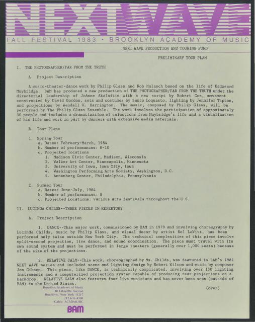 Next Wave Tour and Production Fund, Preliminary Tour Plan, 1984 