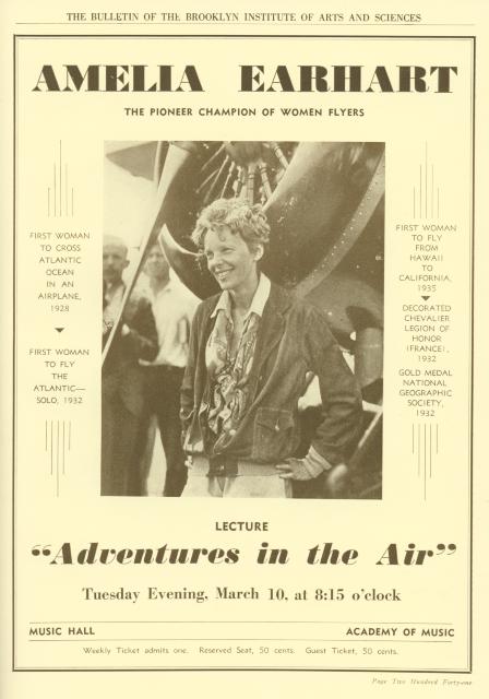 [Detail from Brooklyn Institute of Arts and Sciences Bulletin advertising the Amelia Earhart lecture "Adventures in the Air" during Spring Season, 1936] 