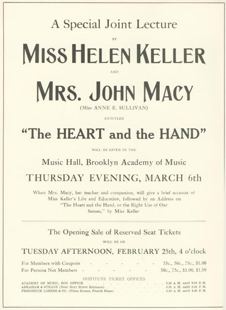 [Detail from Brooklyn Institute of Arts and Sciences Bulletin advertising the Helen Keller and Anne E. Sullivan lecture "The Heart and the Hand" during Spring Season, 1913]