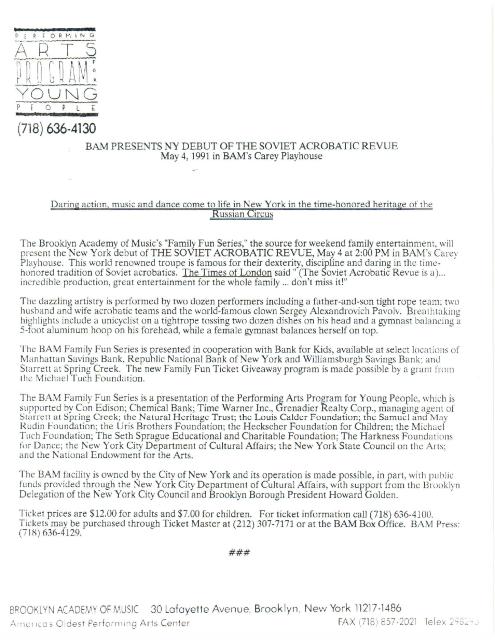 Family Fun Series includes Soviet Acrobatic Revue and Pickle Family Circus at BAM, 1991
