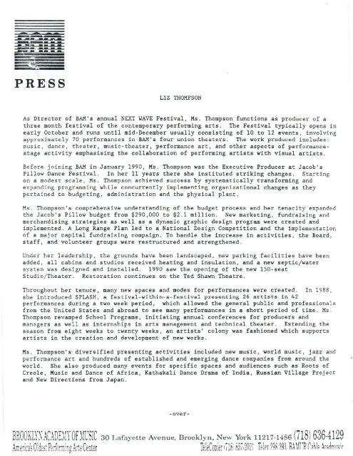 Next Wave Festival Director Liz Thompson Bio and Departure, 1991