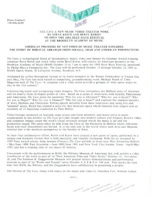 "The Cave" by Steve Reich and Beryl Korot Opens BAM Next Wave Festival, 1993