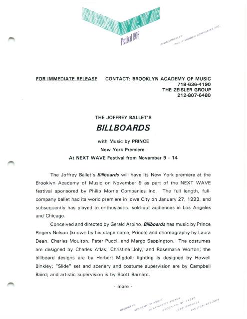 The Joffrey Ballet's "Billboards with Music by Prince at BAM Next Wave Festival, 1993