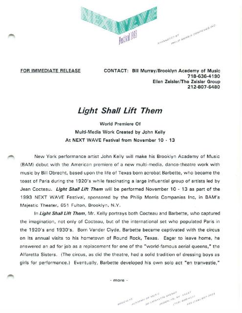 World Premiere of John Kelly's "Light Shall Lift Them" at BAM Next Wave Festival, 1993