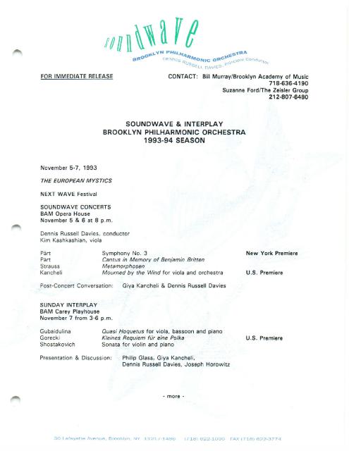 Brooklyn Philharmonic Orchestra Presents Soundwave and Interplay, 1993-1994