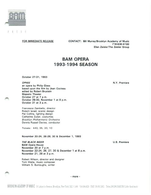 BAM Opera Performance Schedule, 1993-1994