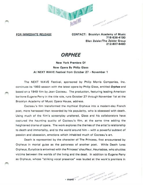 NY Premiere of Philip Glass Opera "Orphee" at BAM Next Wave Festival, 1993