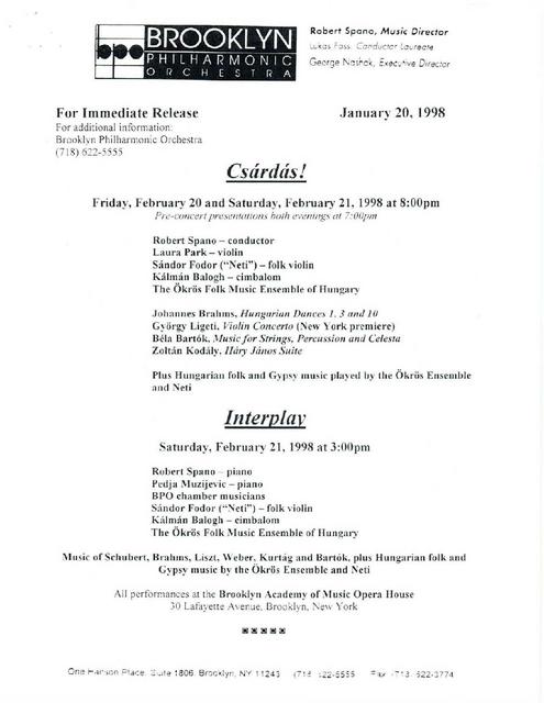 BPO Concerts Featuring Robert Spano, 1998