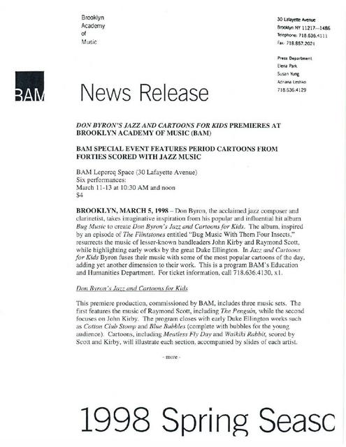 "Don Byron's Jazz and Cartoons for Kids" at BAM, 1998