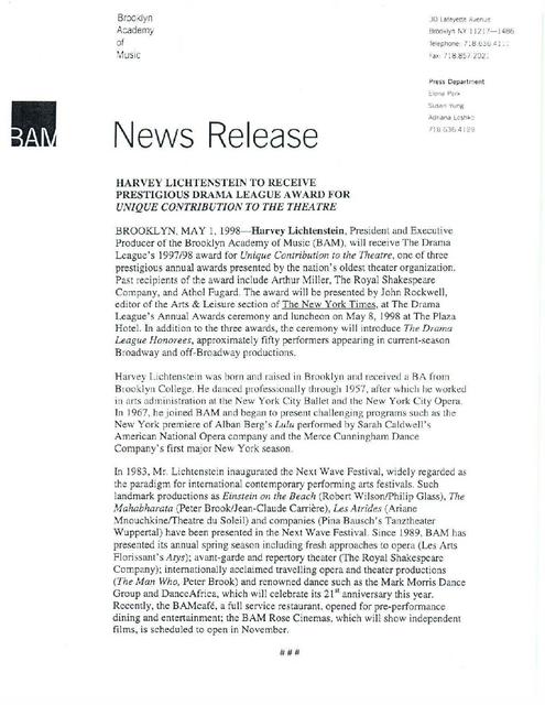 BAM President Harvey Lichtenstein Receives Drama League Award, 1998