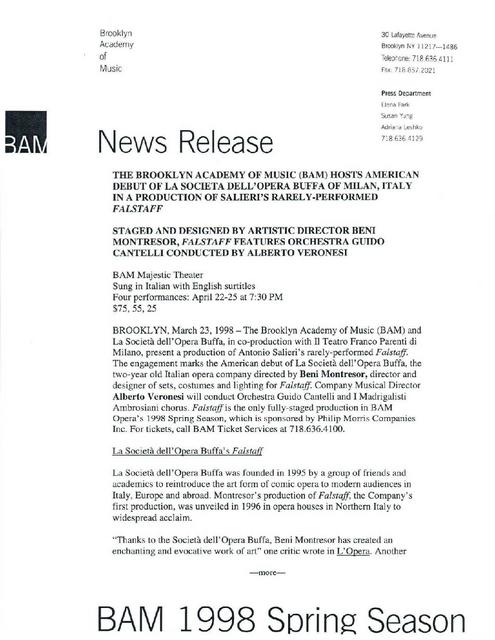 Opera Buffa Presents Salieri's "Falstaff" at BAM, 1998