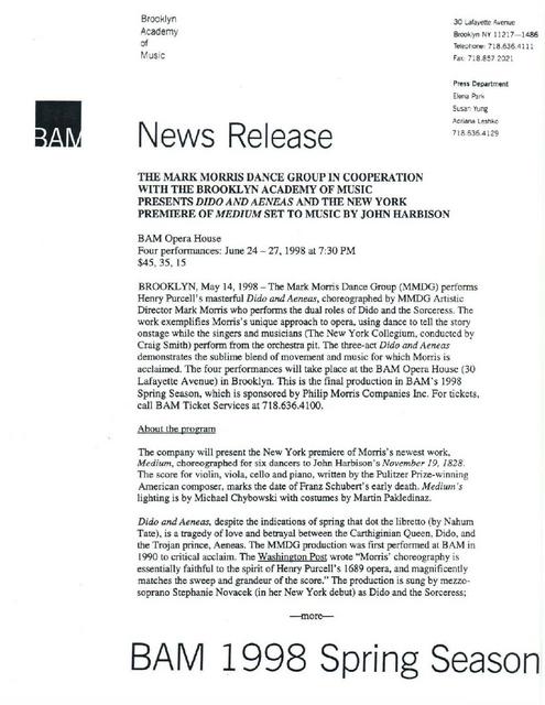 Mark Morris Dance Group Presents "Dido and Aeneas" and Medium," 1998