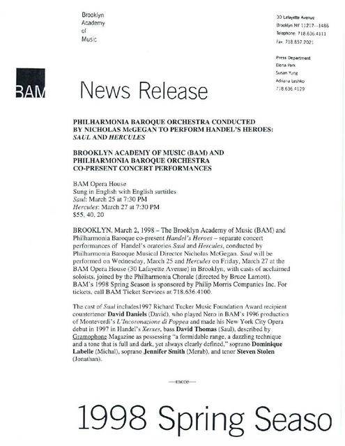 Philharmonia Baroque Presents "Saul" and Hercules" as Handel's Heroes Series, 1998