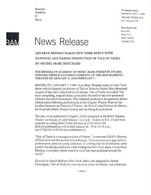 NY Debut of Les Deux Mondes with "Tale of Teeka" at BAM, 1998