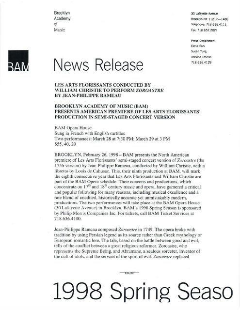Les Arts Florissants Presents Rameau's "Zoroastre" at BAM, 1998