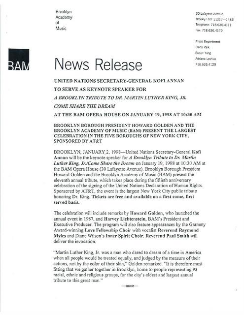 Annual MLK Jr. Tribute Features UN Secretary General, Kofi_Annan at BAM, 1998