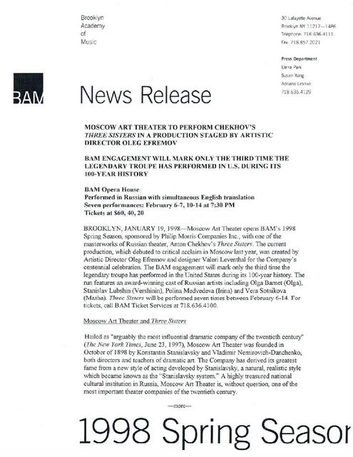 Moscow Art Theater Presents "Three Sisters" at BAM, 1998