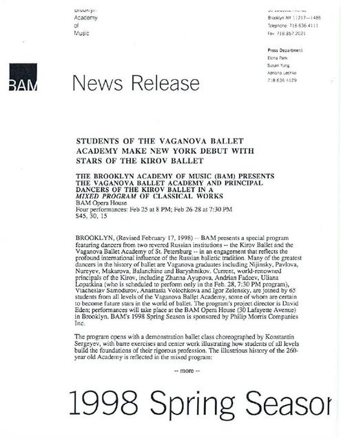 Stars of Kirov Ballet with Students of Vaganova Ballet at BAM, 1998