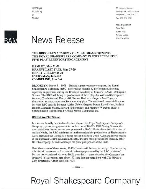 Five Plays by RSC at BAM, 1998